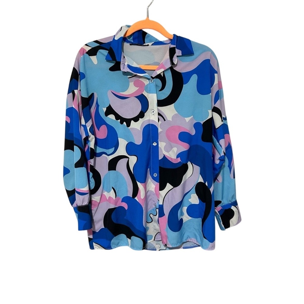 Boohoo Colorful Blue Pink Abstract Pattern Button Down Shirt Size‎ 8